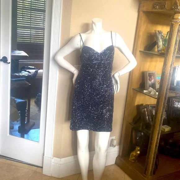 Niteline | Dresses | Niteline Blueblack Sequins Beaded Dress Sz 8 | Poshmark